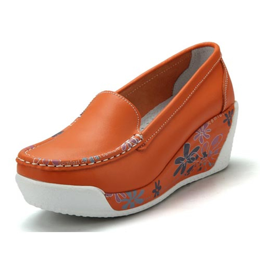 Floral print orange leather slip on platform shoe