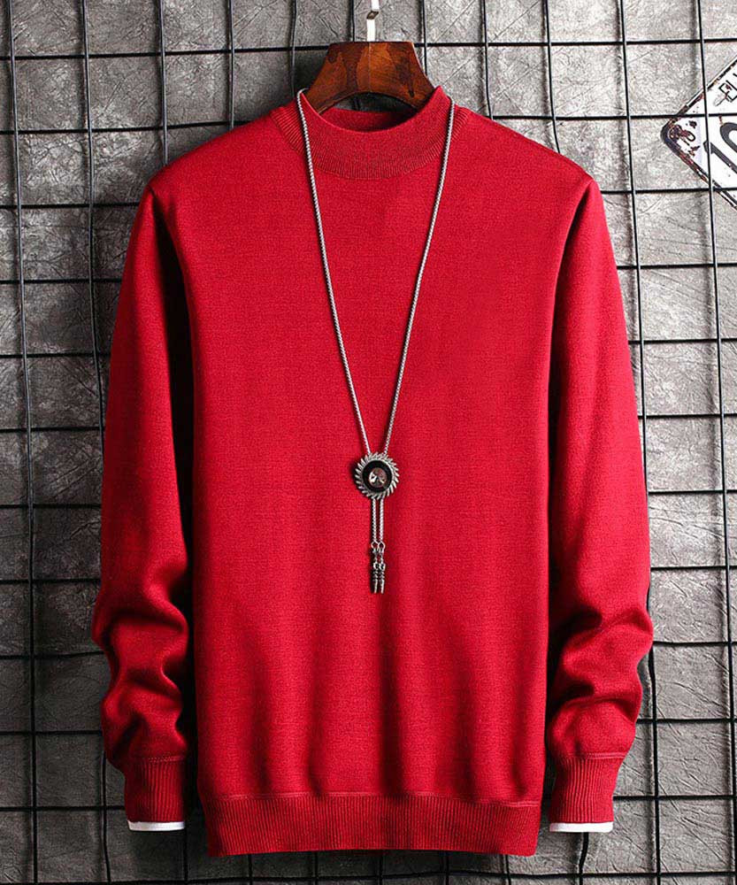 Men's red round neck pull over sweater in plain