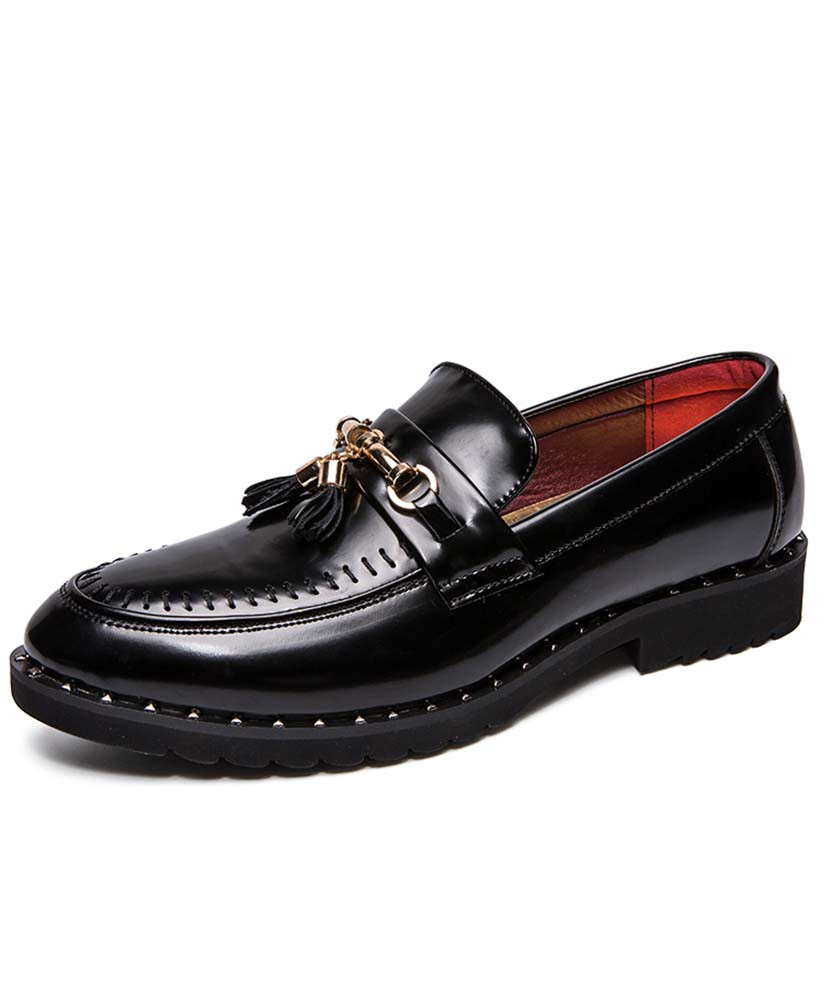 Men's black tassel buckle leather slip on dress shoe with stud 01
