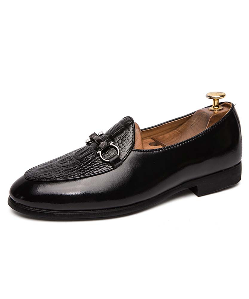 Men's black metal buckle croco pattern leather slip on dress shoe 01