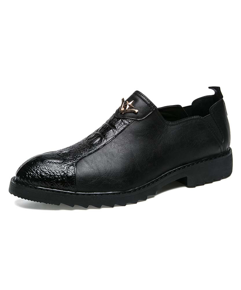 Black crocodile skin pattern leather slip on dress shoes with five star on vamp 01