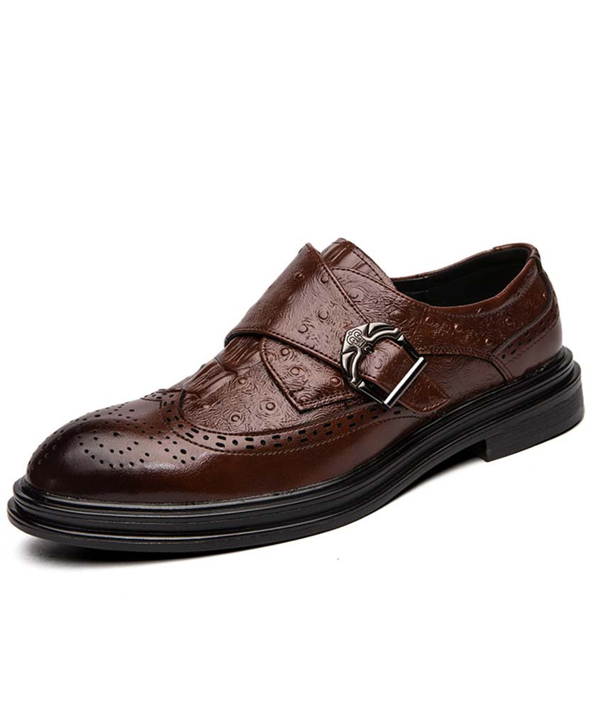 Brown retro monk strap leather slip on dress shoe 01