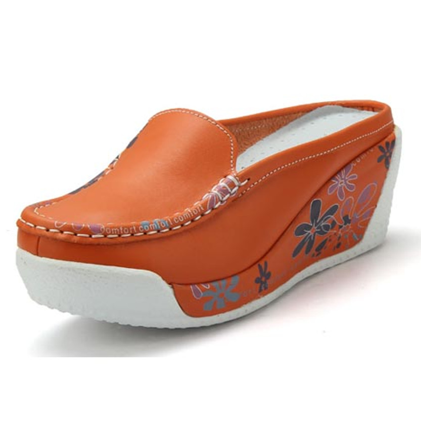 Floral sketch orange leather slip on platform sandal