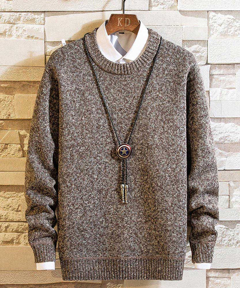 Men's coffee pull over round neck sweater in plain