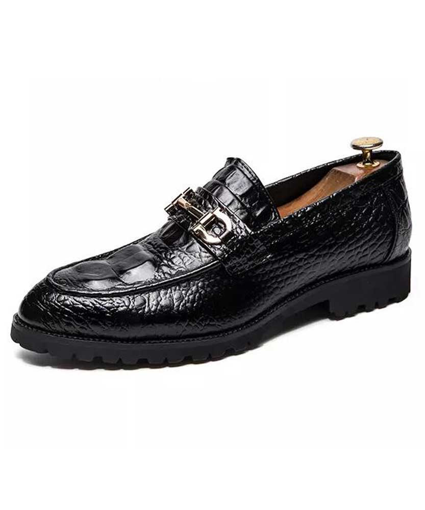 Black metal buckle crocodile skin pattern slip on dress shoe point toe 01