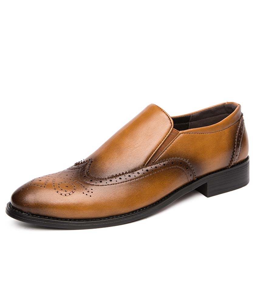 Yellow brogue patent leather slip on dress shoe 01