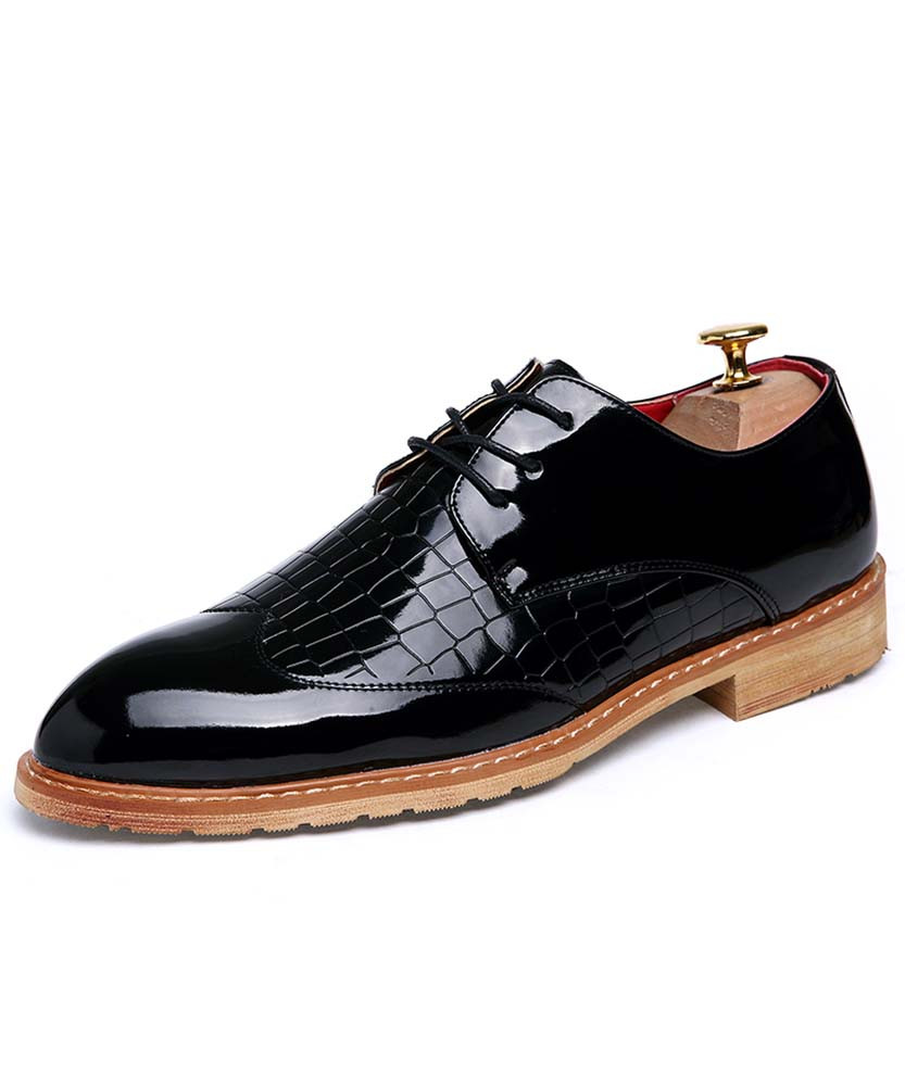 Black crocodile skin pattern leather derby dress shoe point toe 01