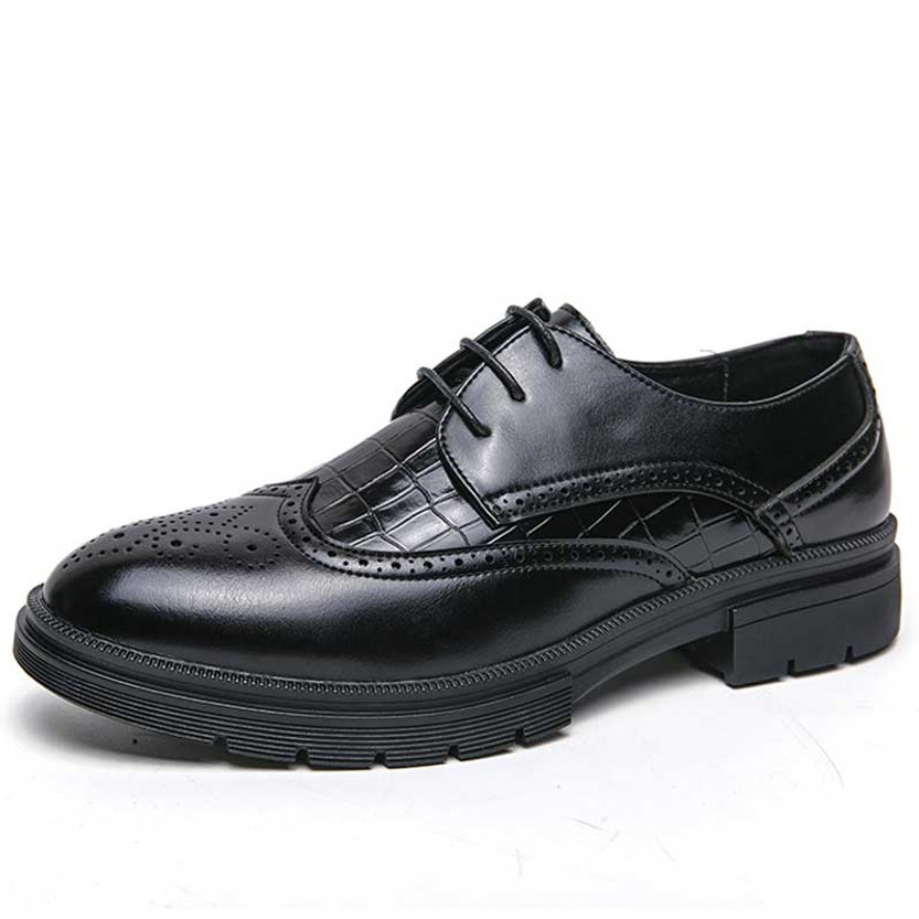 Men's black croc pattern brogue leather derby dress shoe 01