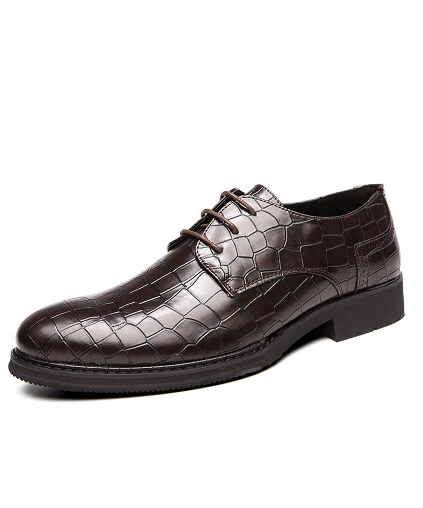 Men's brown retro leather derby dress shoe croc pattern 01