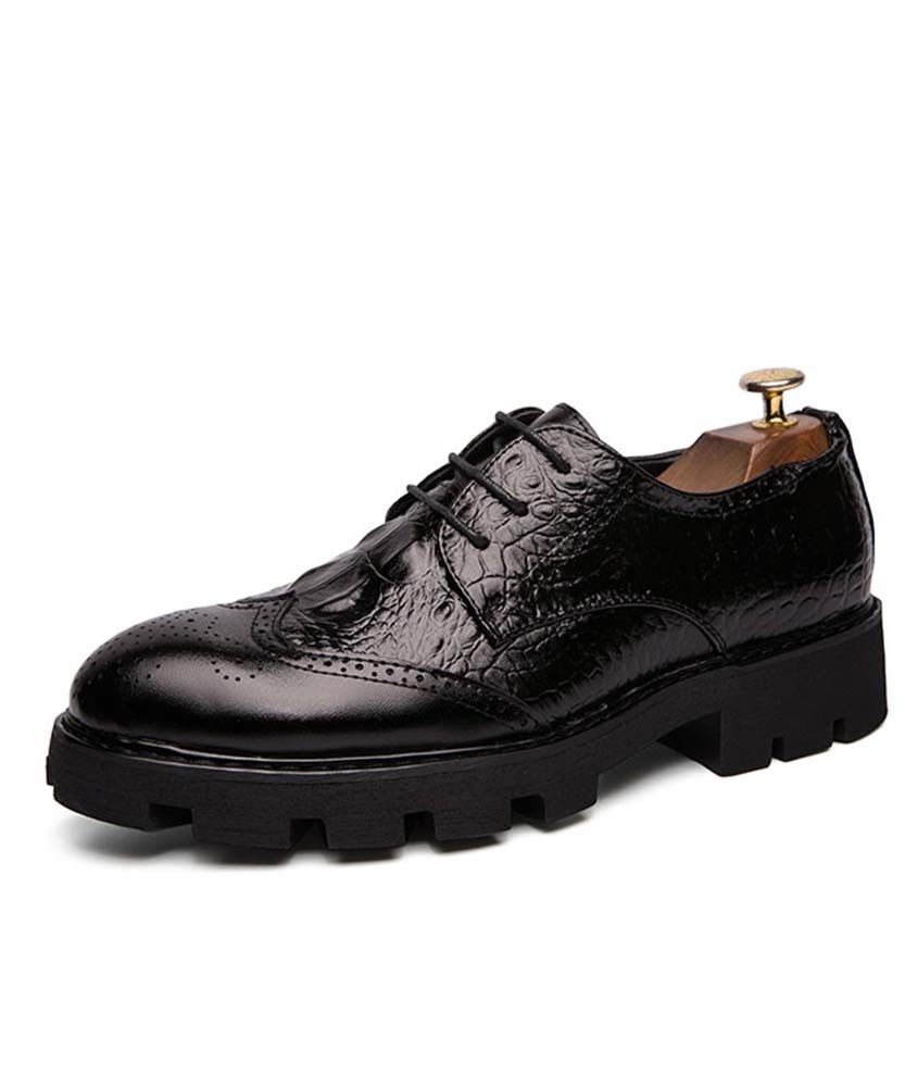 Black brogue croco skin pattern derby dress shoe 01