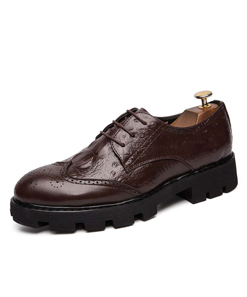 Brown brogue croco skin pattern derby dress shoe 01