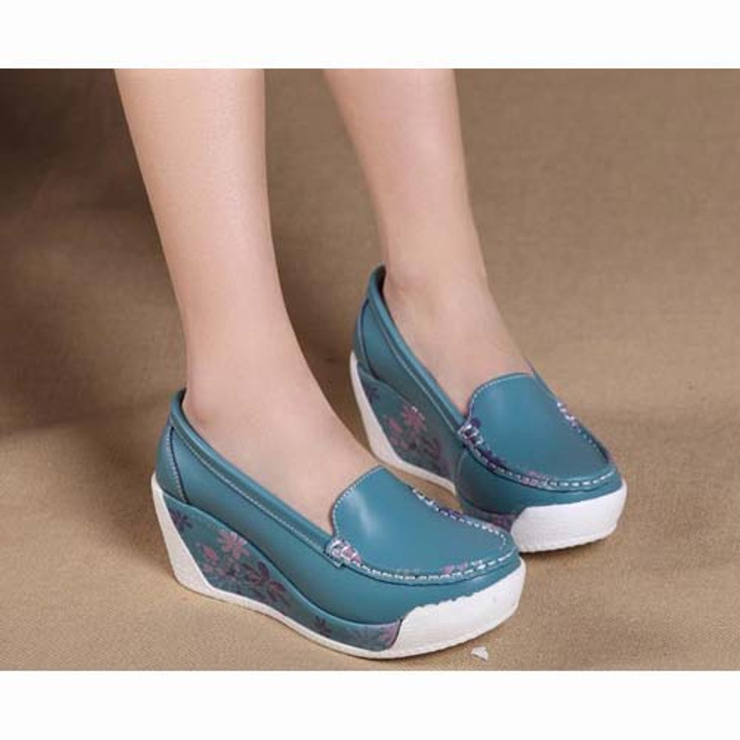 Blue floral print leather slip on platform shoe | Womens platforms ...