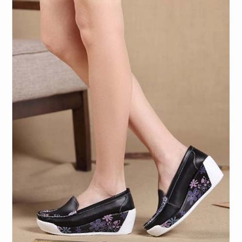 Black floral print leather slip on platform shoe | Womens platforms ...