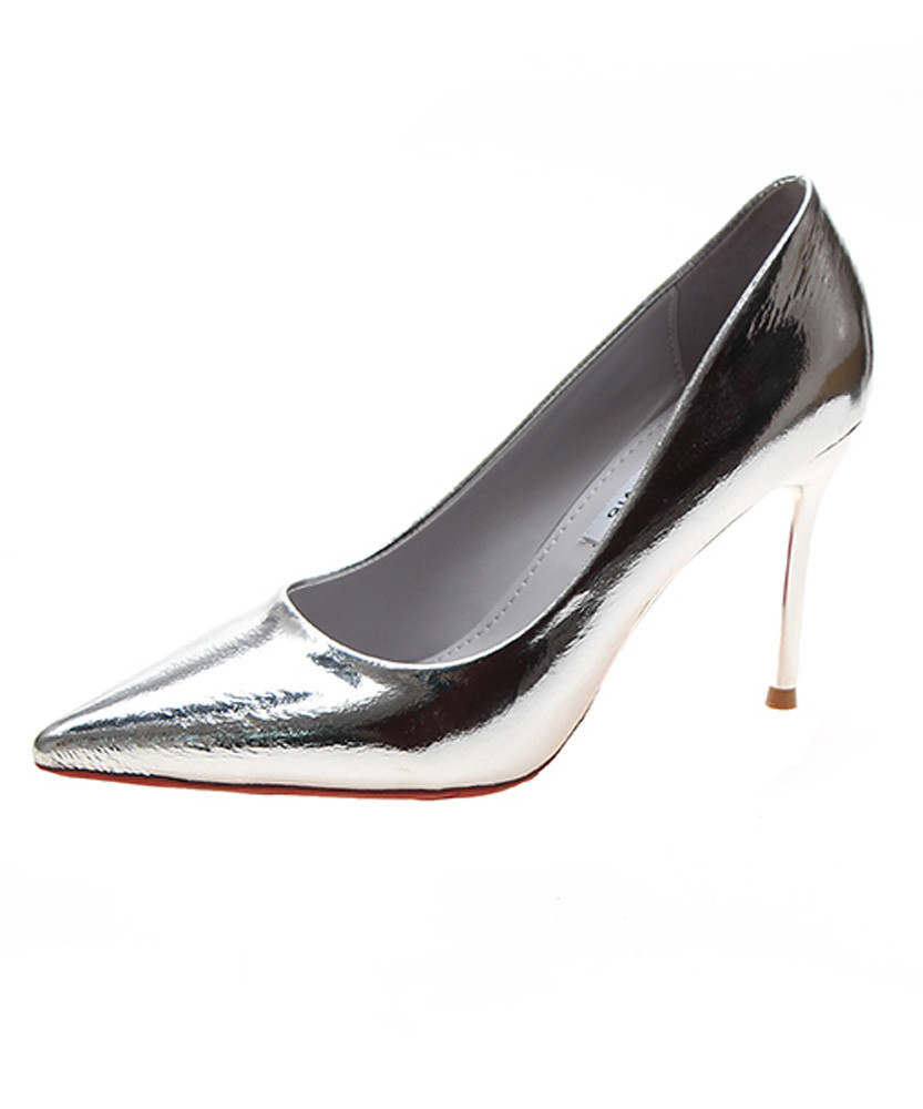 Silvery plain heel dress shoe point toe 01