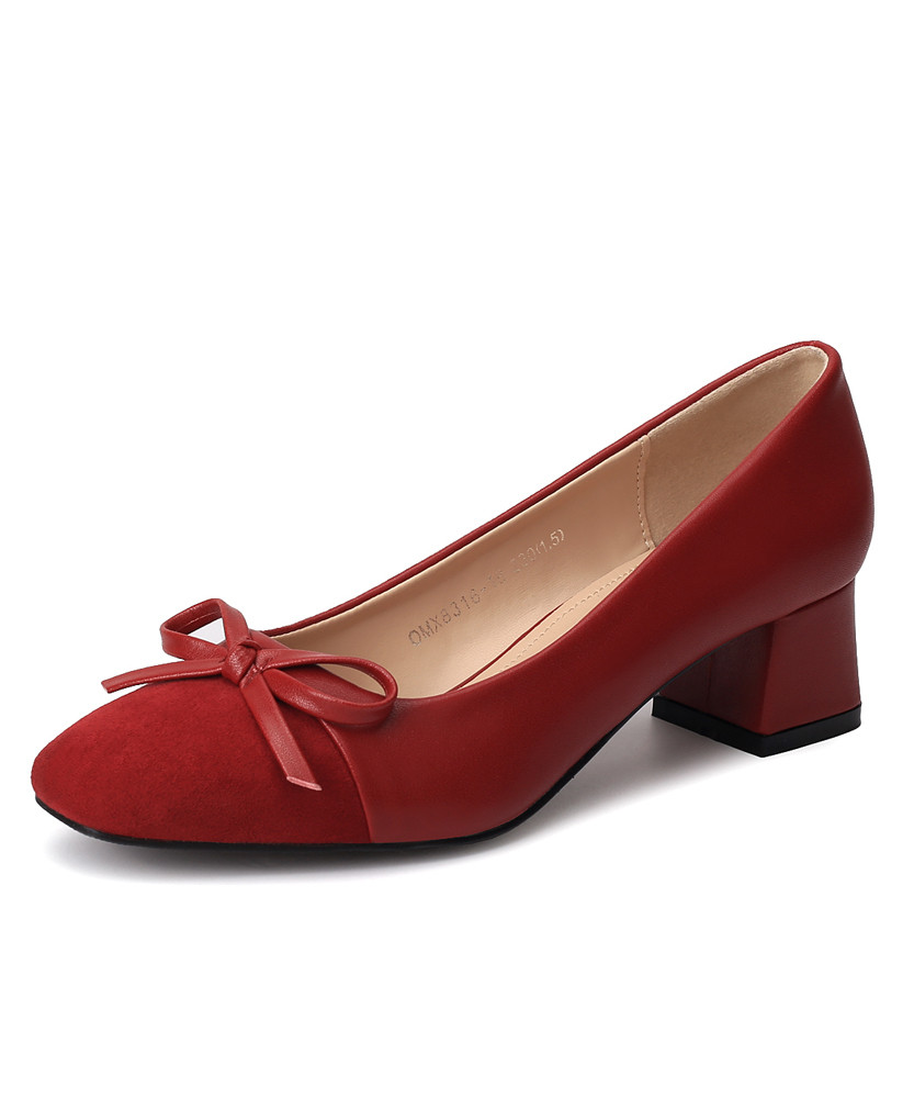 Red bow tie n vamp slip on thick heel 