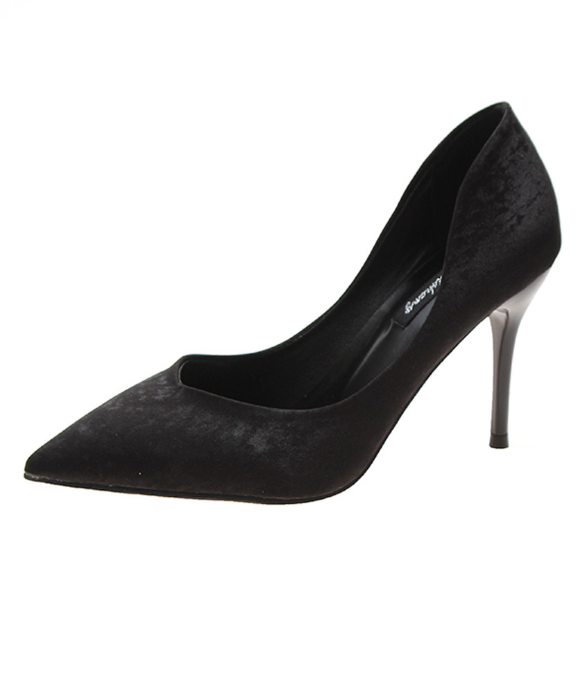 Women's black suede slip on slim high heel dress shoe 01