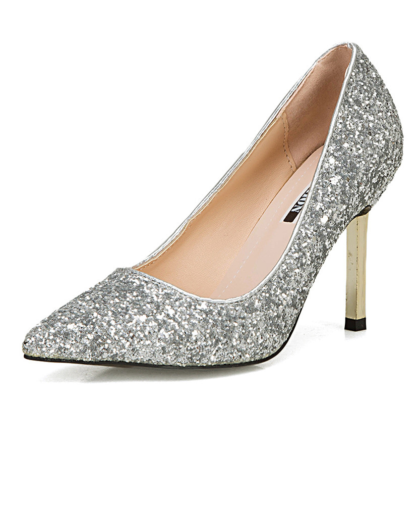 Silver sequin slip on high heel dress shoe 01