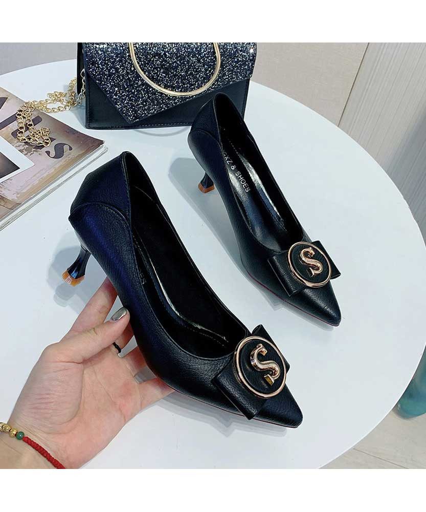 Black S round buckle slip on heel dress shoe | Womens heel dress shoes ...