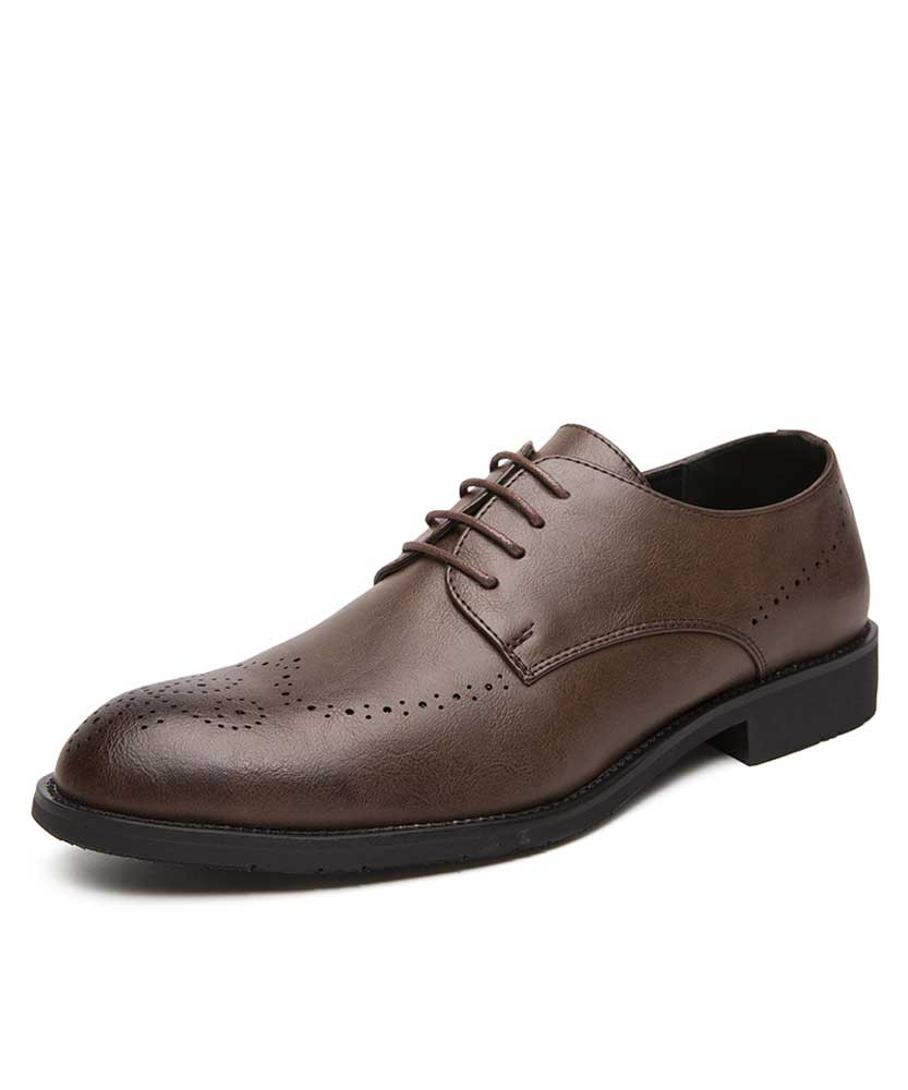 Brown retro brogue leather derby dress shoe 01