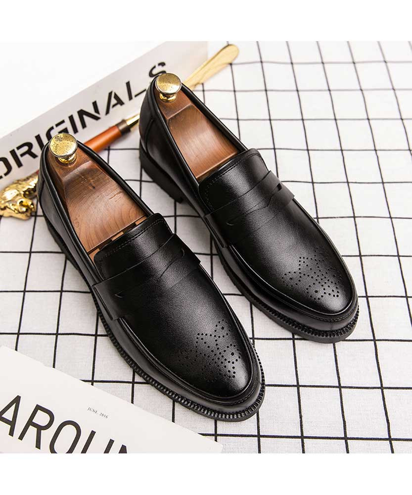 Black retro brogue slip on penny dress shoe | Mens dress shoes online ...