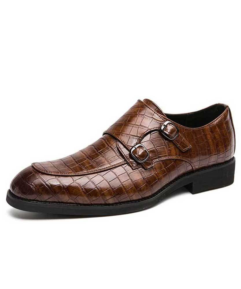 Men's dark brown croc pattern monk strap leather slip on dress shoe 01