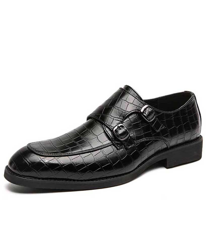 Men's black croc pattern monk strap leather slip on dress shoe 01
