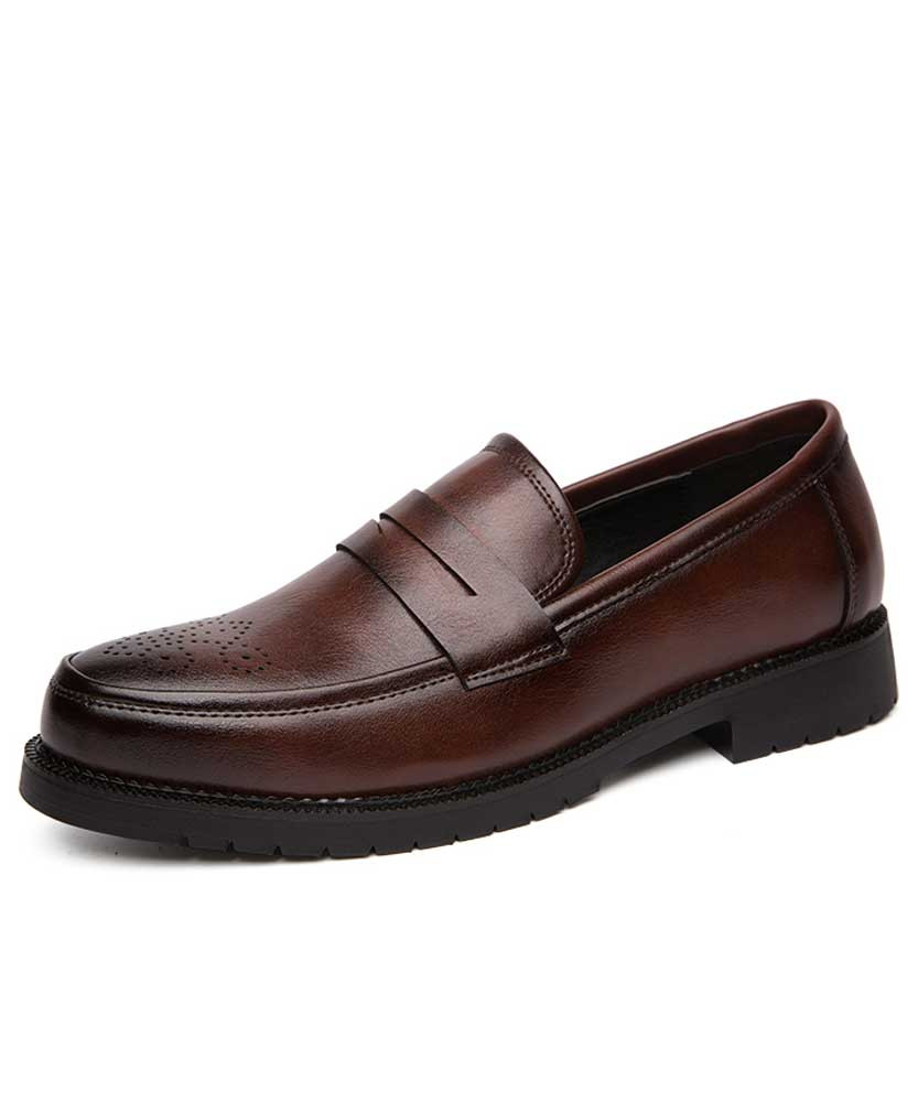 Brown brogue leather slip on dress shoe 01