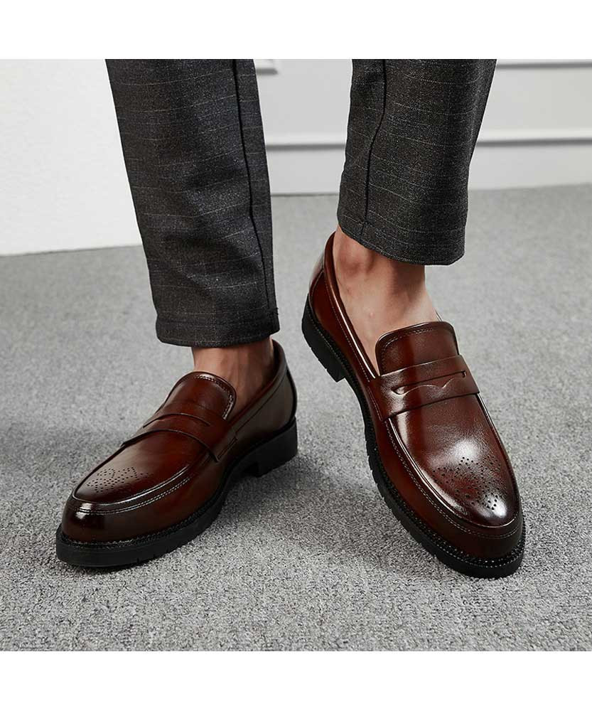 Brown brogue leather slip on penny dress shoe | Mens dress shoes online ...