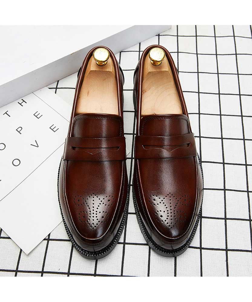 Brown brogue leather slip on penny dress shoe | Mens dress shoes online ...