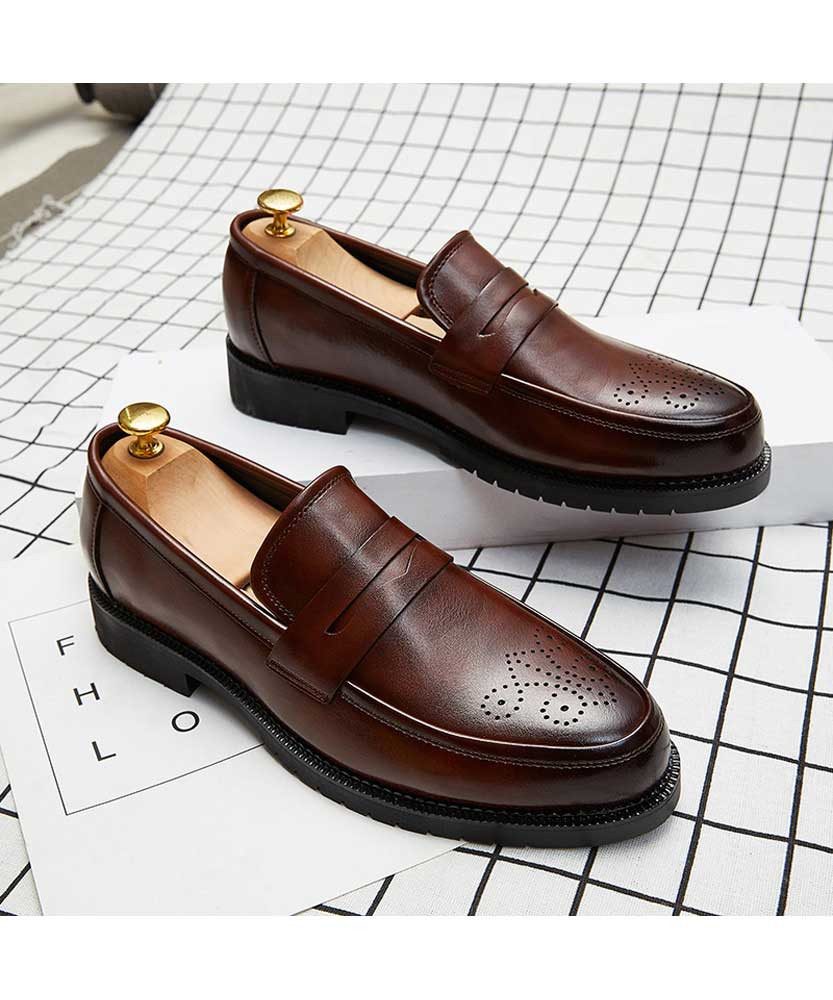 Brown brogue leather slip on penny dress shoe | Mens dress shoes online ...
