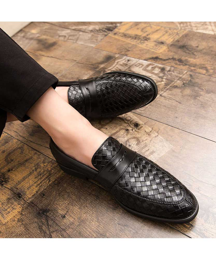 Black check pattern leather penny slip on dress shoe | Mens dress shoes ...