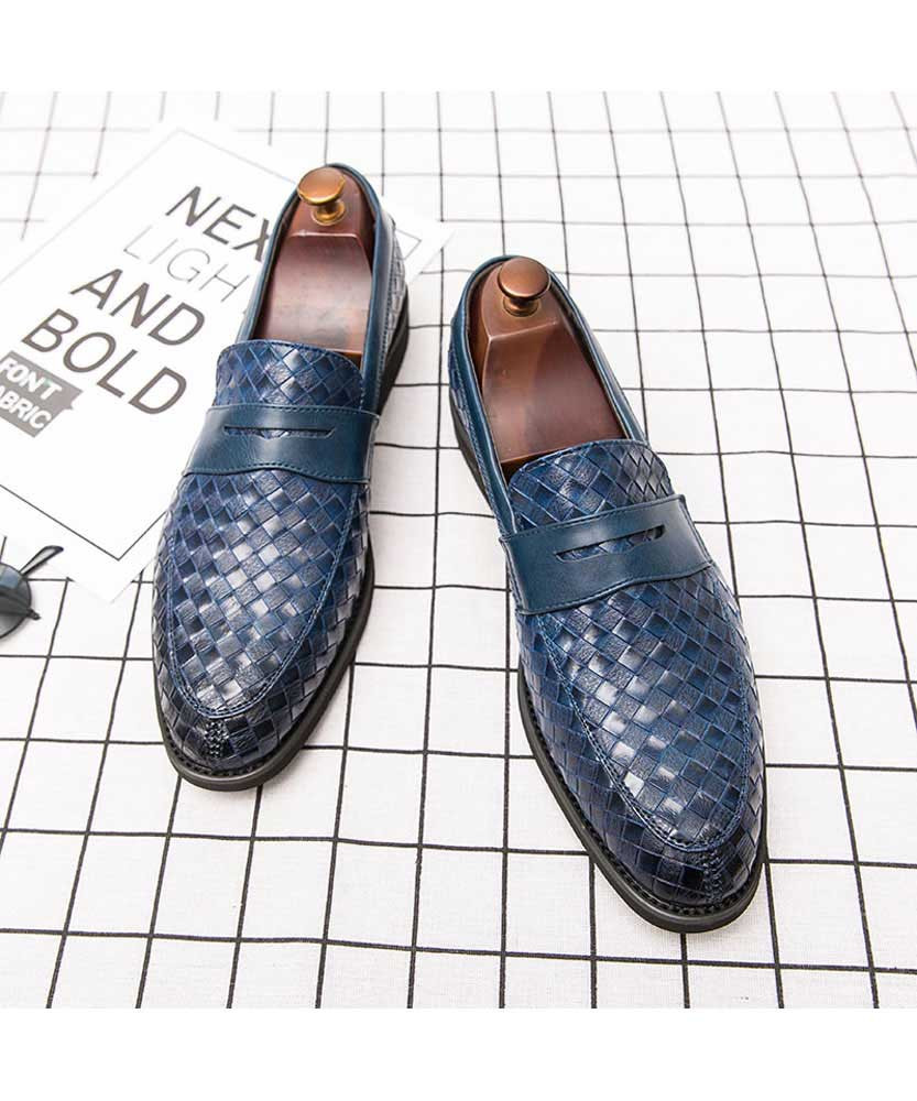 Blue check pattern leather penny slip on dress shoe | Mens dress shoes ...