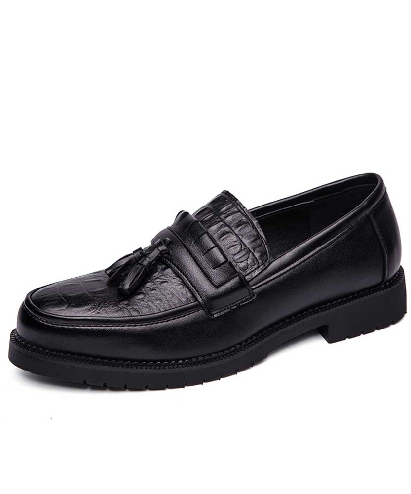 Men's black tassel on vamp croc pattern slip on dress shoe 01
