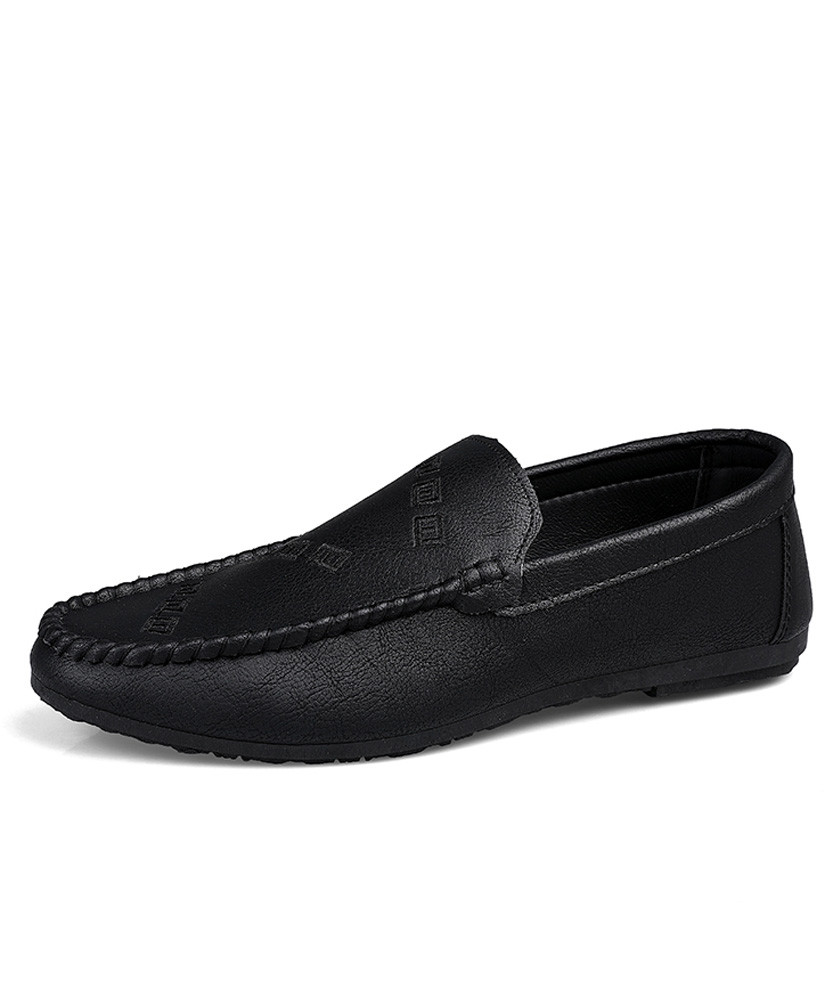 Men's black retro sewed leather slip on shoe loafer 01