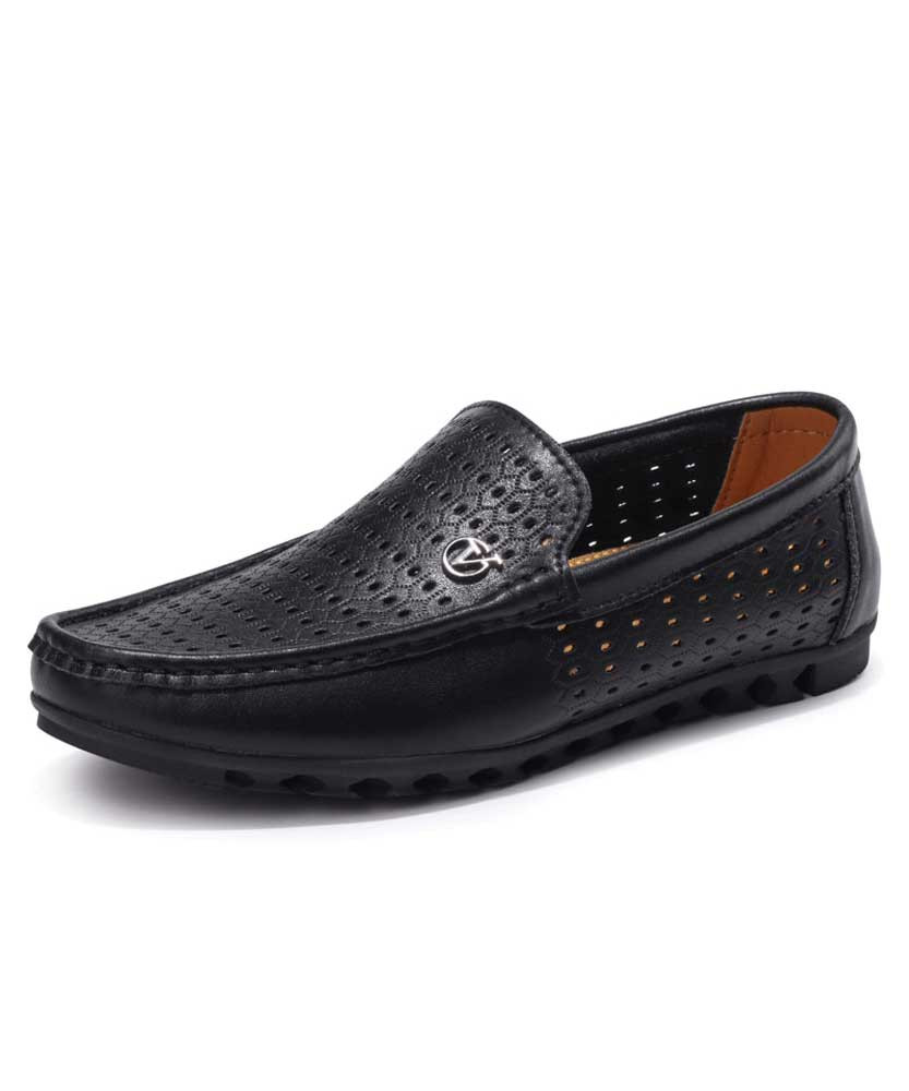 Men's black hollow out V buckle leather slip on shoe loafer 01