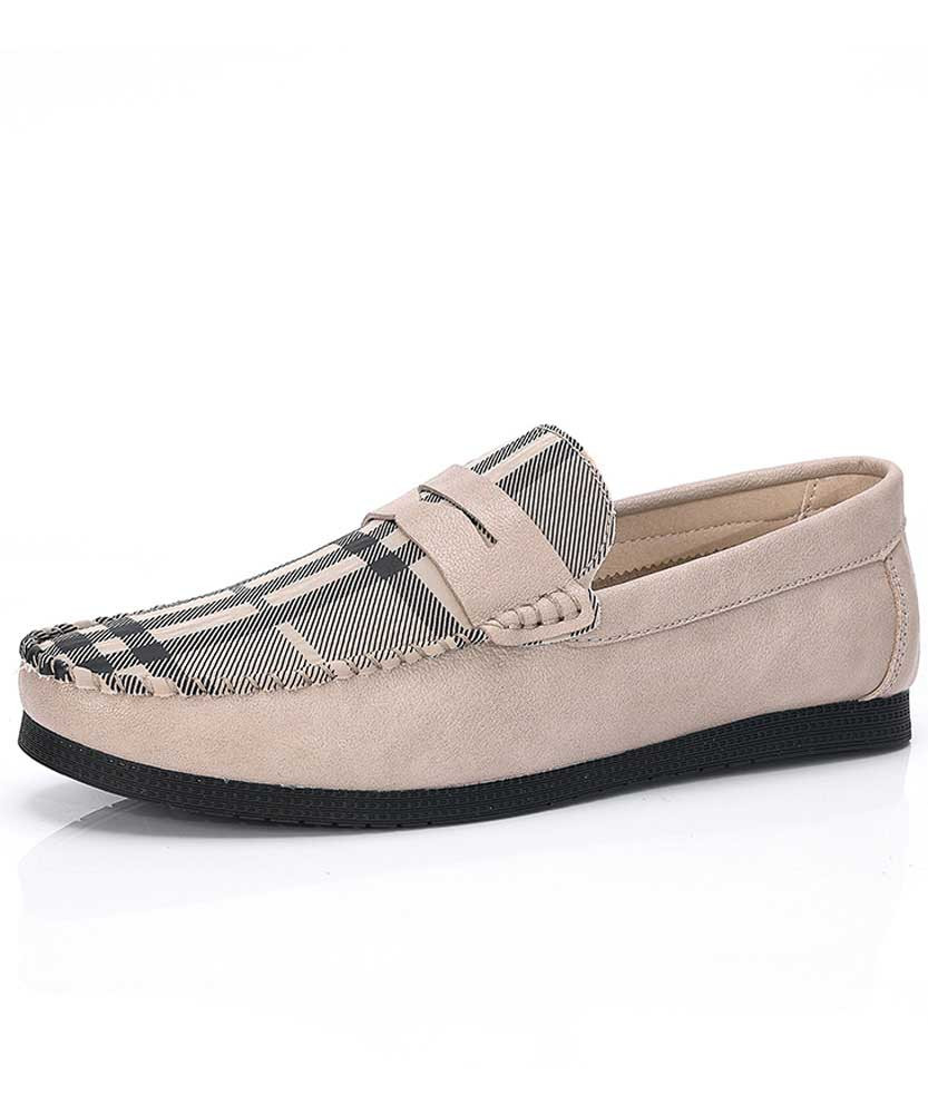 Khaki check pattern leather slip on shoe penny loafer 01