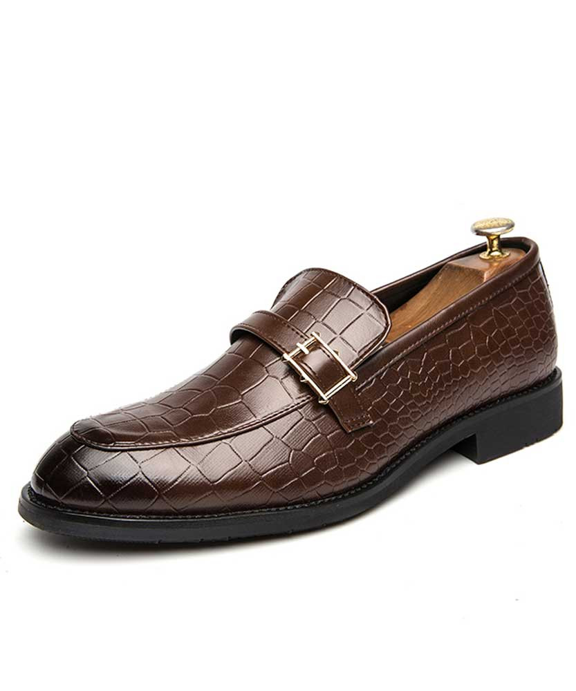 Men's brown croc skin strap leather slip on dress shoe 01