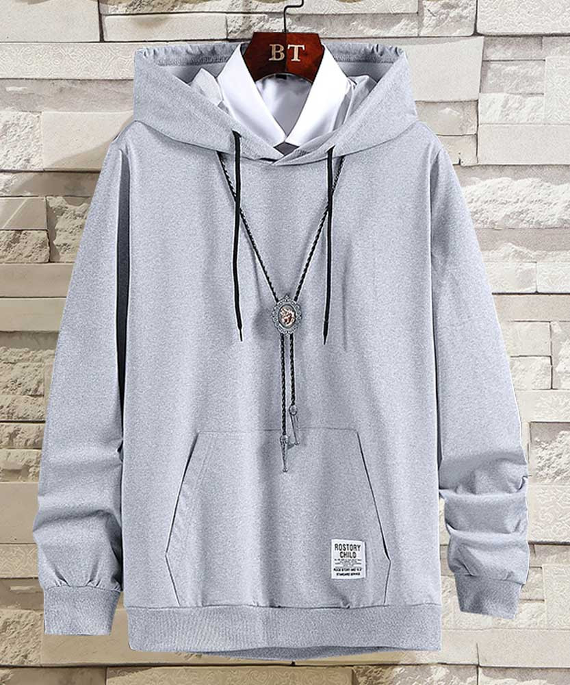 Men's grey long sleeve print pull over hoodies with pouch pocket 01