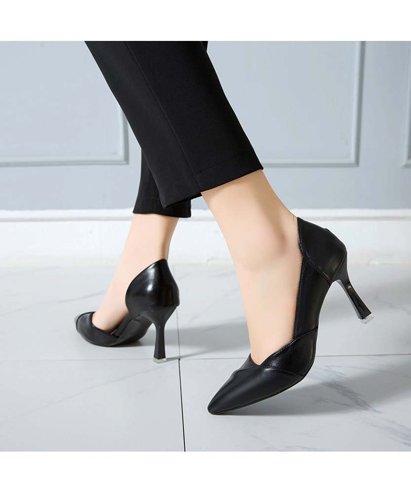 Black slip on high heel dress shoe side cut out | Womens heel dress ...