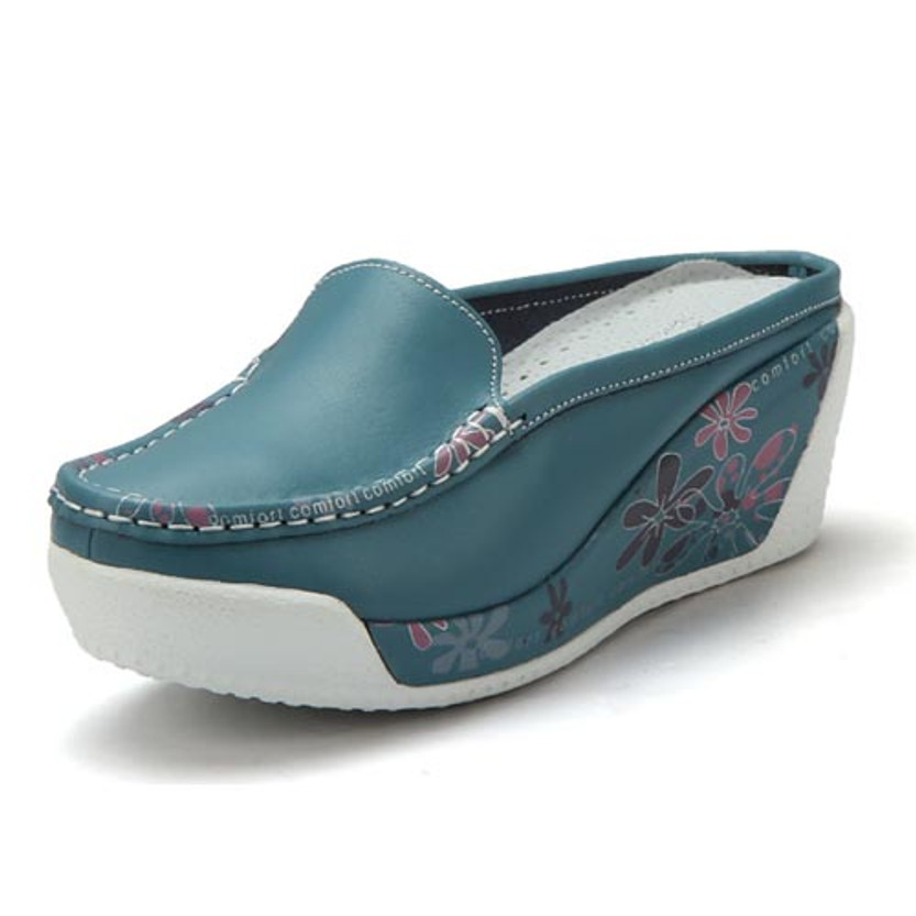 Blue floral sketch leather slip on platform sandal 01 Blue floral sketch leather slip on platform sandal 01