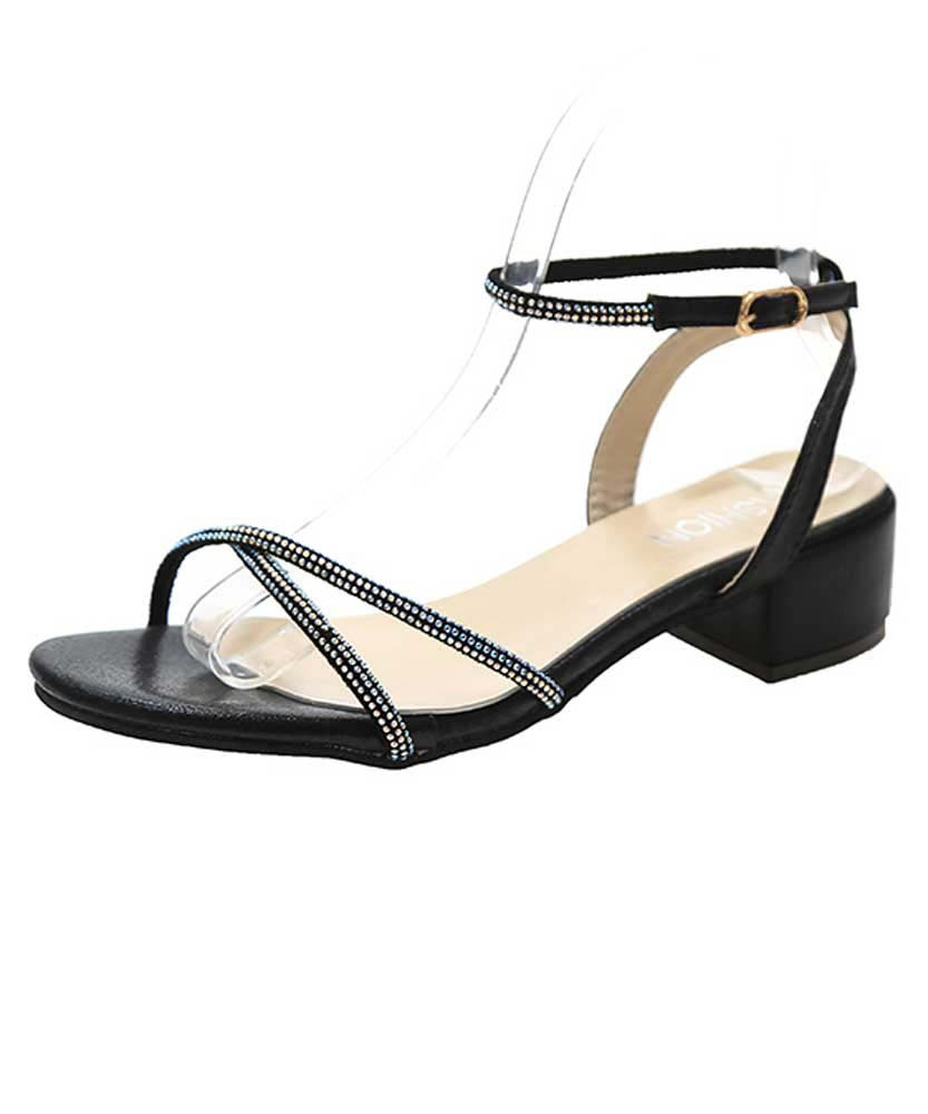 Black rhinestone cross strap ankle buckle shoe sandal 01