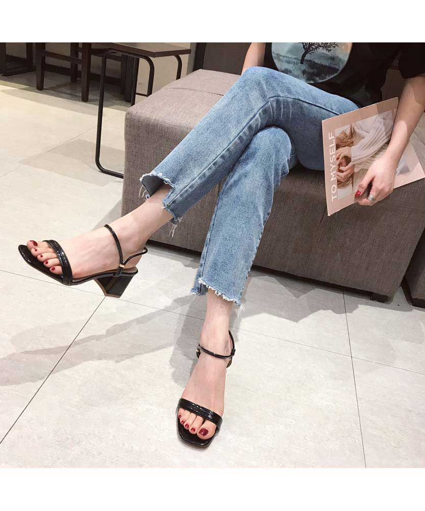 Black square toes slip on heel shoe sandal | Womens shoe sandals online ...