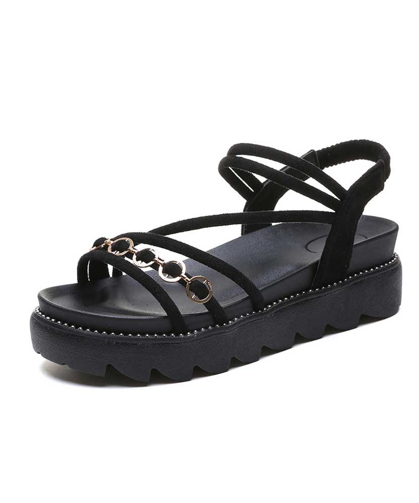 Black round mental design cross strap shoe sandal 01