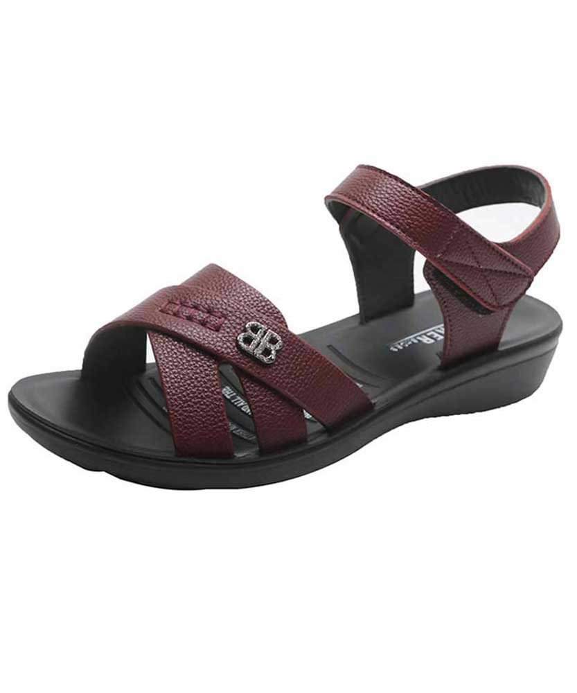 Red brown criss cross design velcro shoe sandal 01