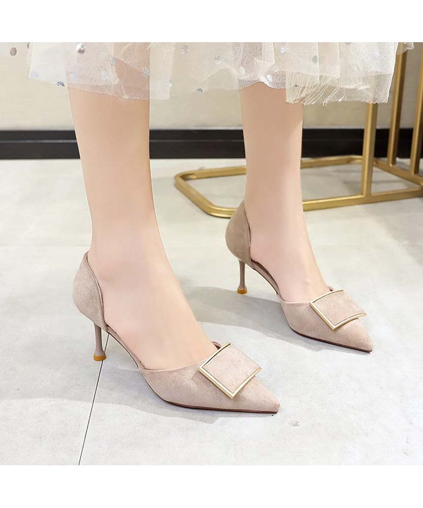 Apricot square buckle leather slip on heel dress shoe | Womens heel ...