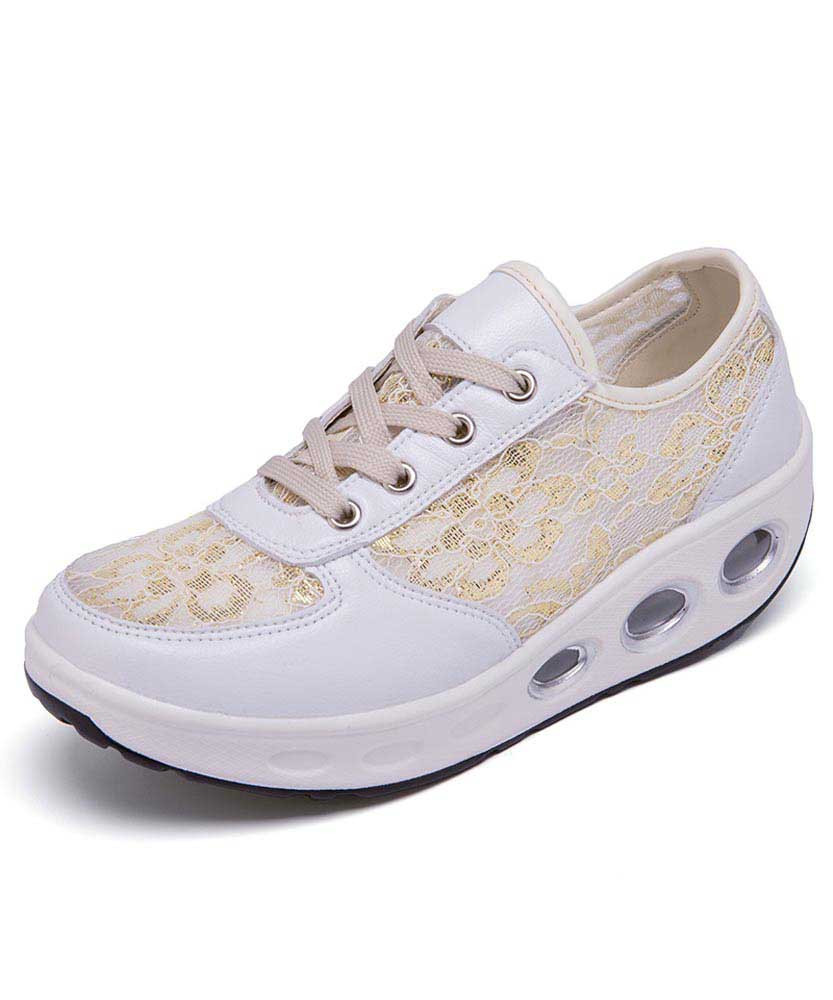 Women's white floral lace design rocker bottom shoe sneaker 01