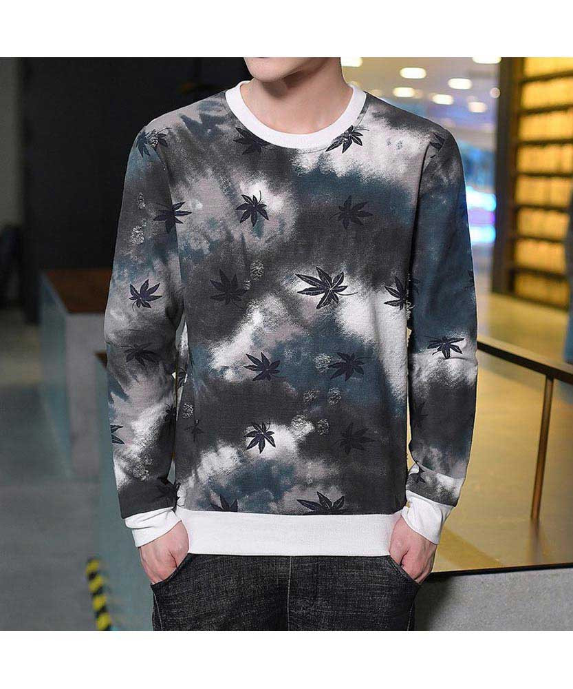 Men's black leaf pattern print pull over sweatshirt 01