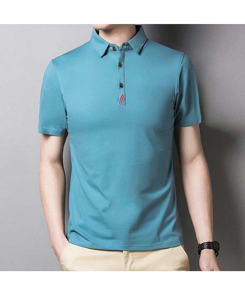 Men's acid blue logo pattern pull over short sleeve polo 01