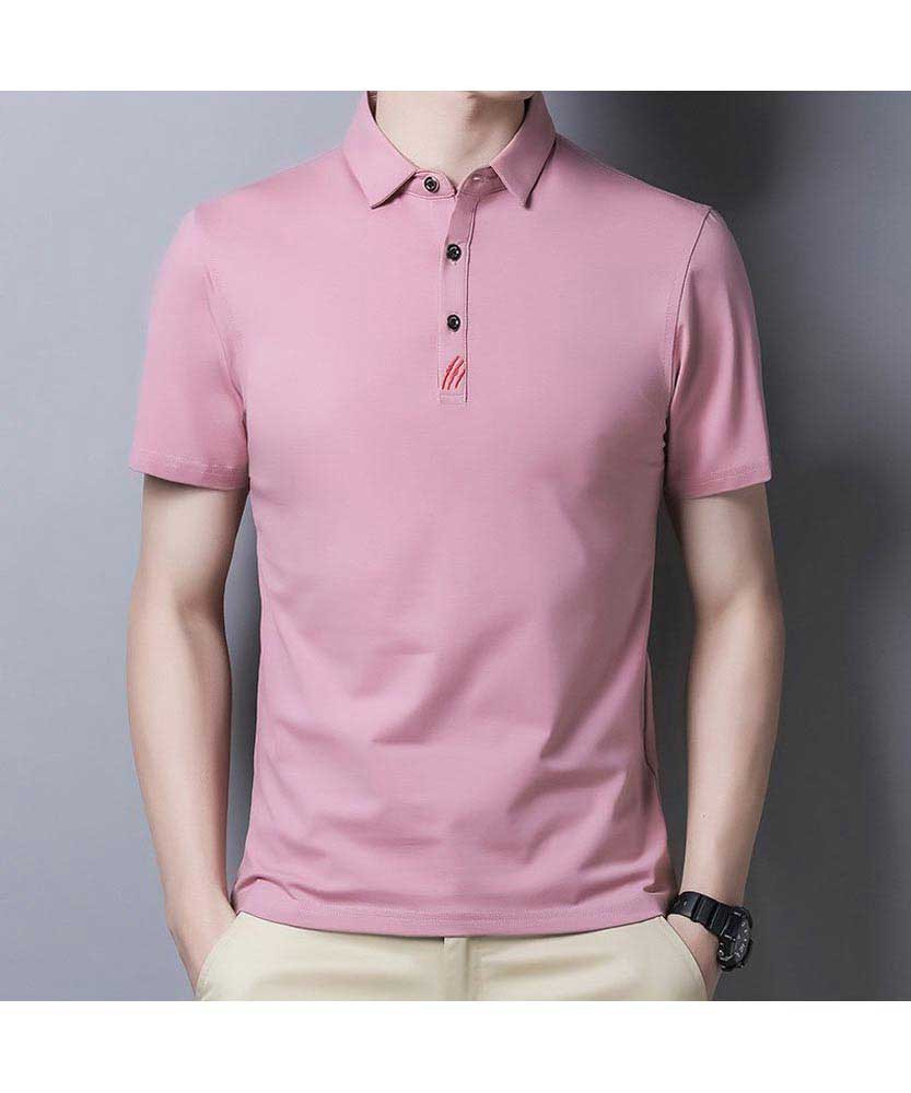 Men's pink logo pattern pull over short sleeve polo 01