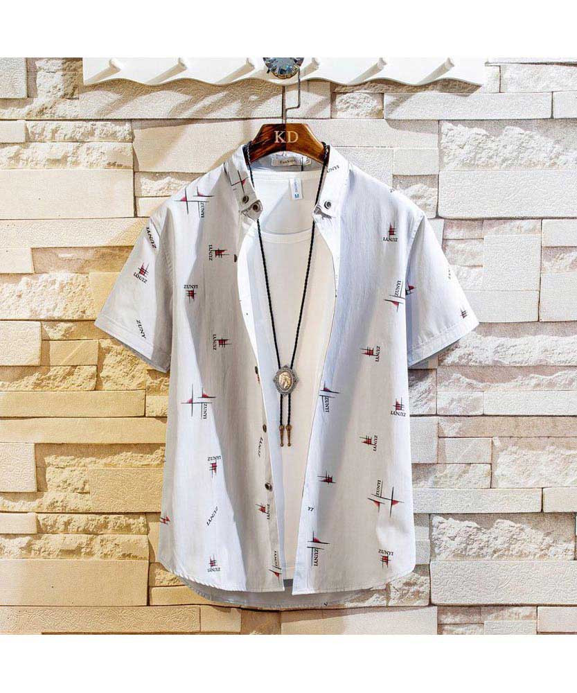 Men's grey pattern letter print short sleeve button shirt